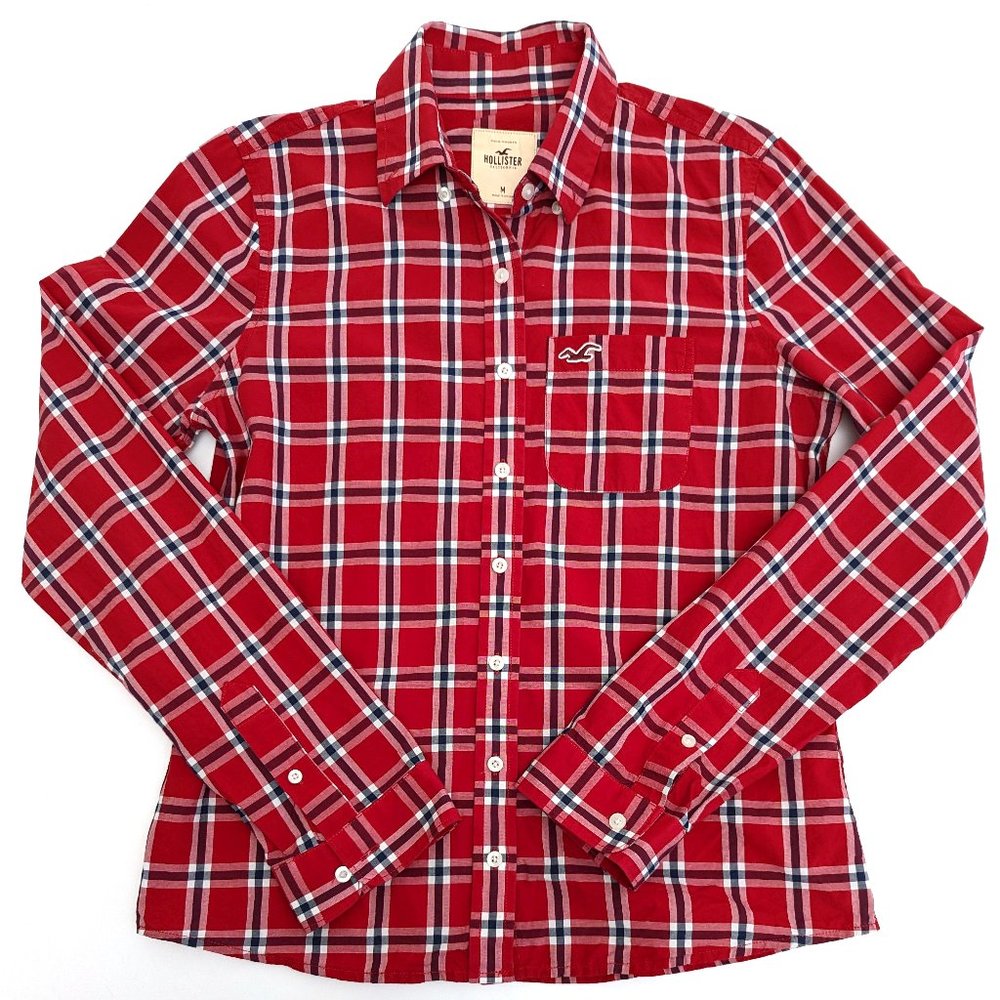 Hollister Red Navy White Plaid Long Sleeve Button Up Shirt Size Women's Medium